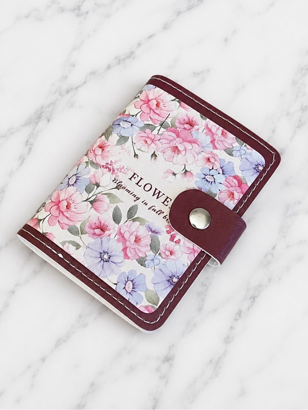 Floral Cardholder Wallet with Snap Closure - Pink Blue Flowers